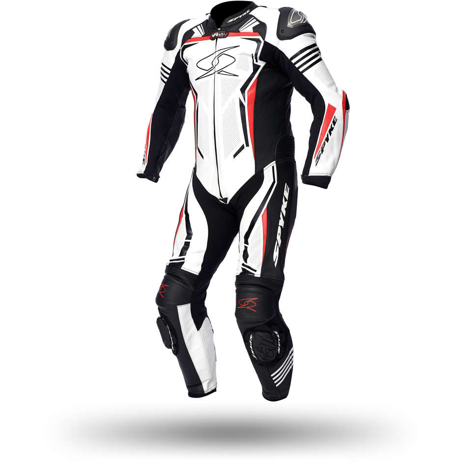 Full Leather Motorcycle Suit Spyke ASSEN RACE 2.0 White Black Red Fluo