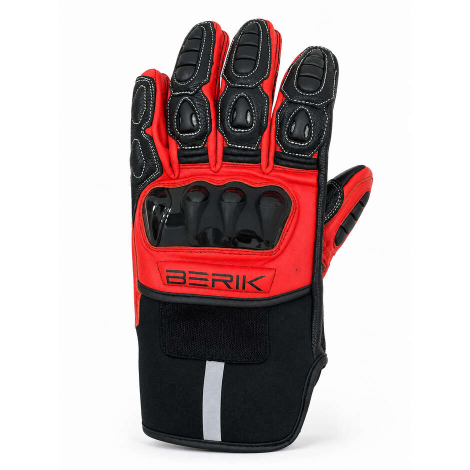 Gants de moto Berik 2.0 235320 en cuir noir et rouge fluorescent