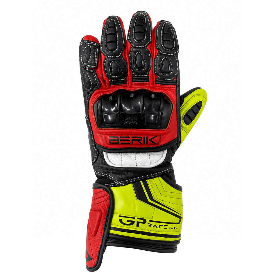 Gants de moto de course en cuir Berik 2.0 G-205321 Track Pro Noir Blanc Rouge Jaune