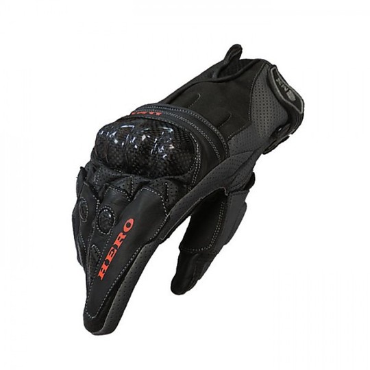 Gants de moto en cuir de héros de course avec protections en carbone noir