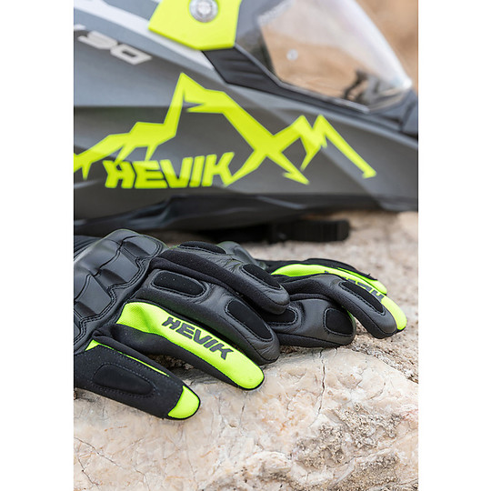 Gants de moto en cuir et tissu Hevik Abrego avec protections noir jaune