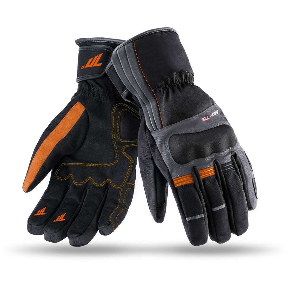 Gants de moto techniques d'hiver certifiés en tissu Seventy T5 noir orange