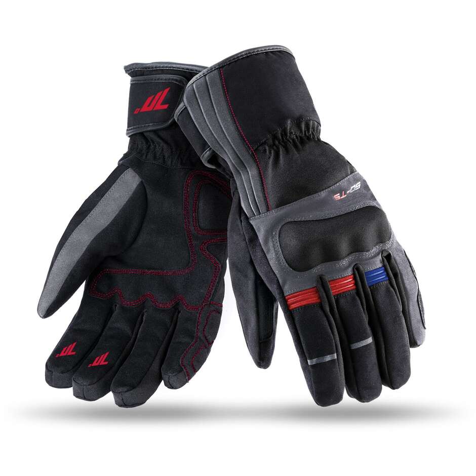 Gants de moto techniques d'hiver certifiés en tissu Seventy T5 noir rouge bleu