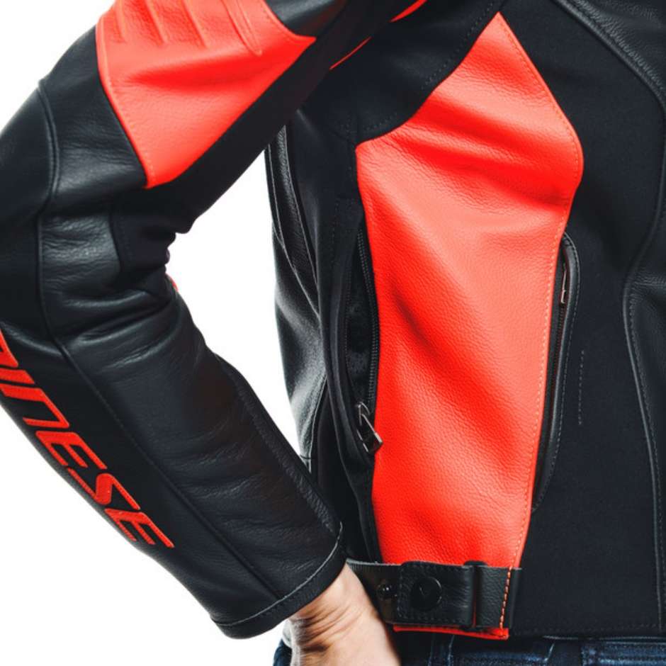 Giacca Moto Donna in Pelle Dainese RACING 4 LADY Nero Rosso Fluo