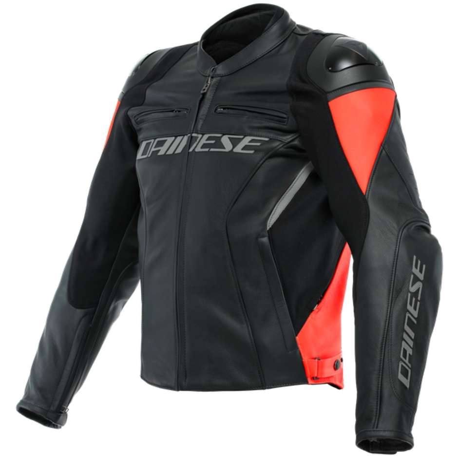 Giacca Moto in Pelle Dainese RACING 4 Nero Rosso Fluo