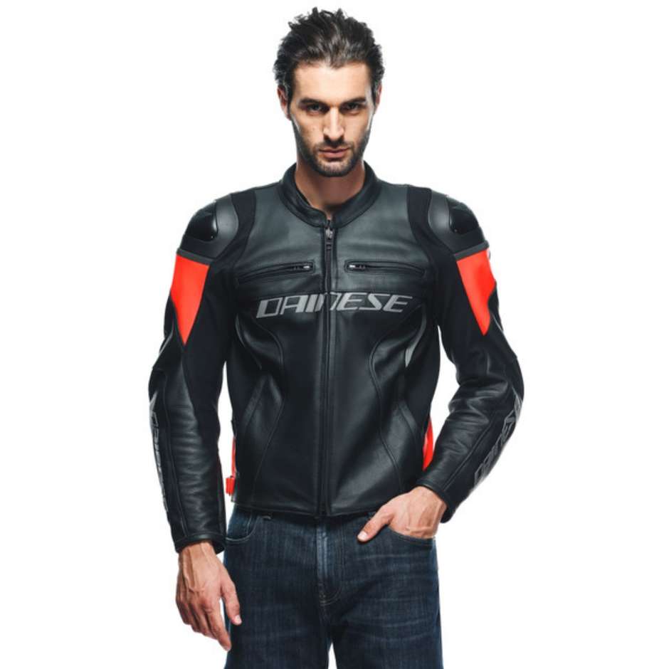 Giacca Moto in Pelle Dainese RACING 4 Nero Rosso Fluo