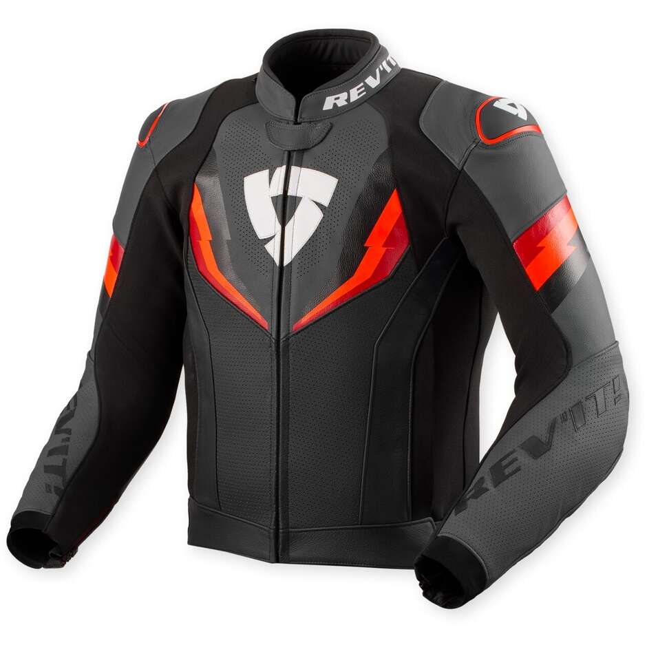 Giacca Moto Pelle Rev'it Quantum 3 Nero Rosso Neon