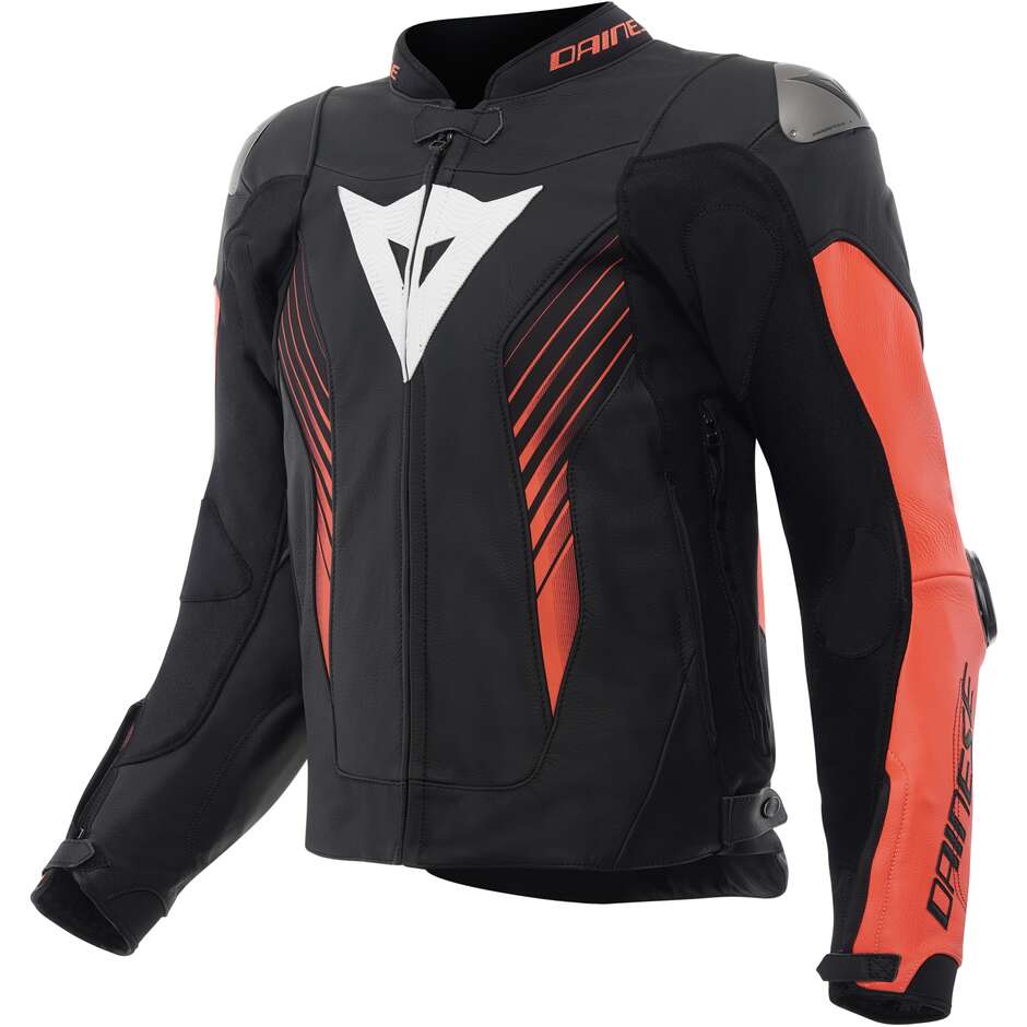 Giubbotto Moto Dainese SUPER SPEED 5 LEATHER JACKET Nero Rosso-Fluorescente Bianco