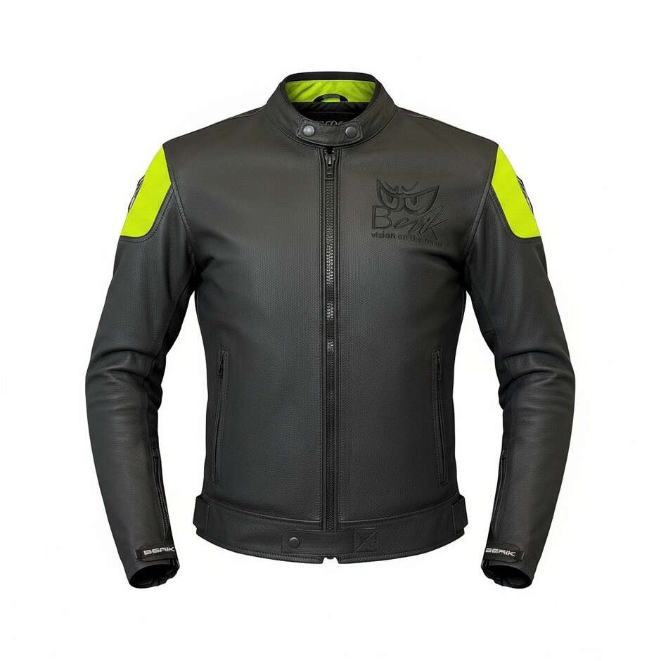 Giubbotto Moto in Pelle Berik LJ-221324-BK Nero Giallo Fluo