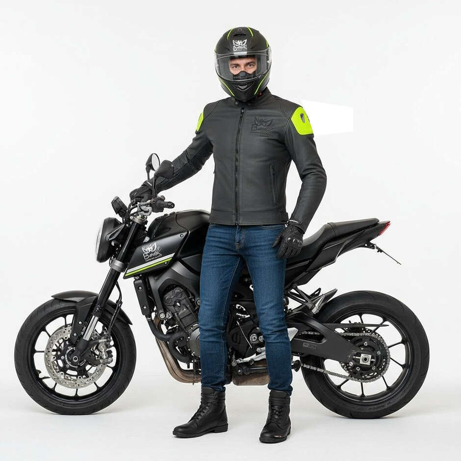 Giubbotto Moto in Pelle Berik LJ-221324-BK Nero Giallo Fluo