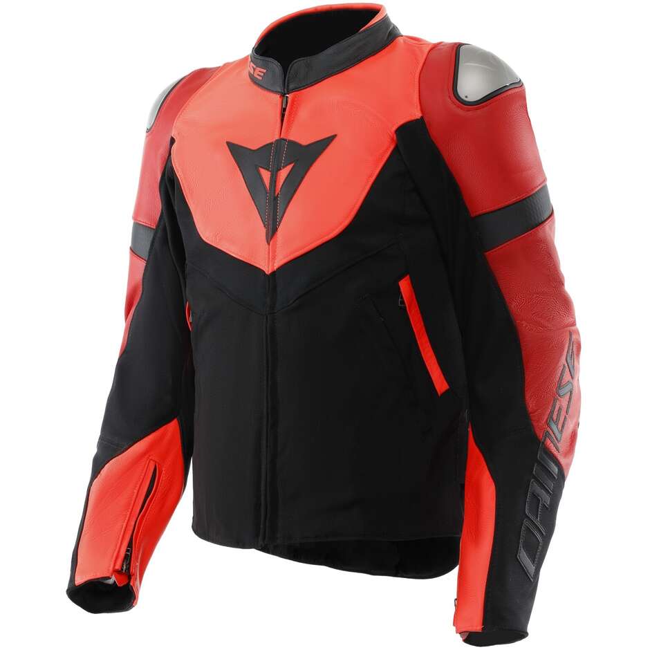 Giubbotto Moto in Pelle Dainese IPERATTIVA -TEX Rosso Fluo Nero