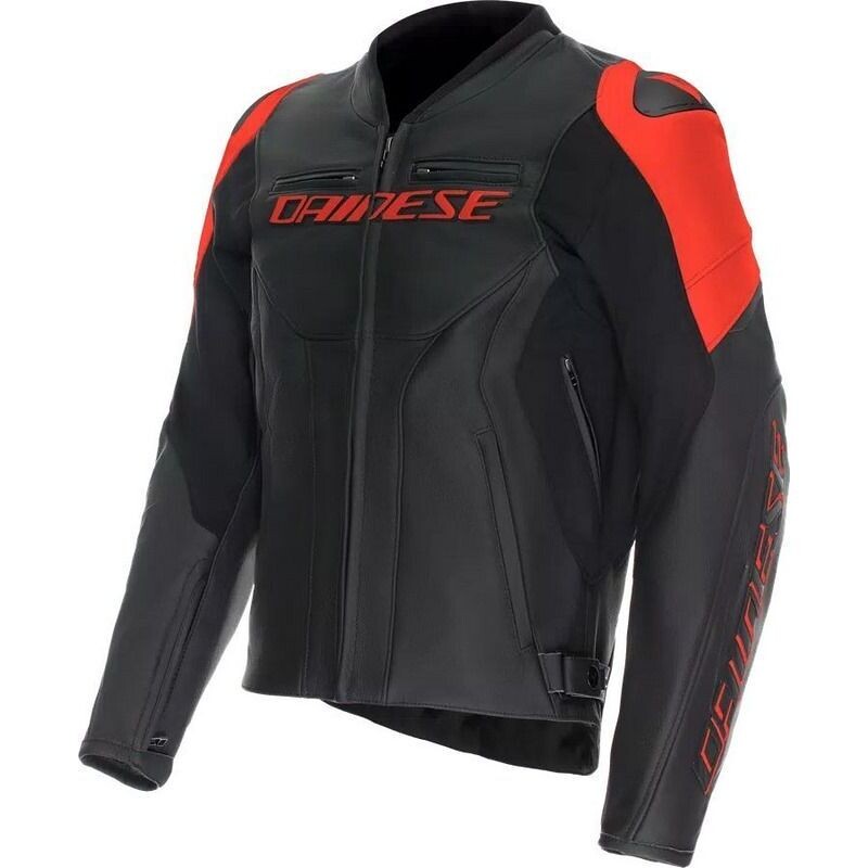 Giubbotto Moto in Pelle RACING 5 Nero Nero Rosso Flu taglia 46