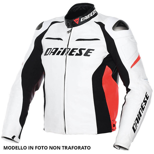 Giubbotto Moto In Pelle Dainese RACING D1 PELLE Perforata Bianco Nero Rosso Fluo