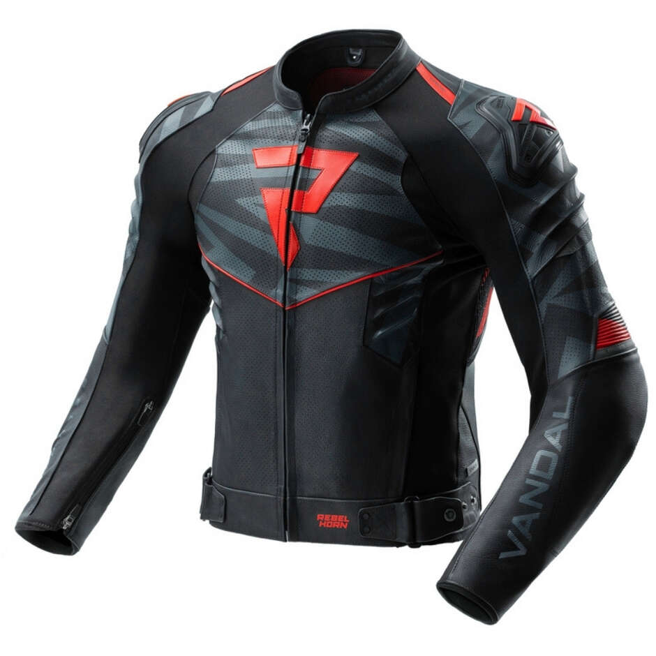 Giubbotto Moto in Pelle Rebelhorn VANDAL 2 Nero Grigio Rosso Fluo