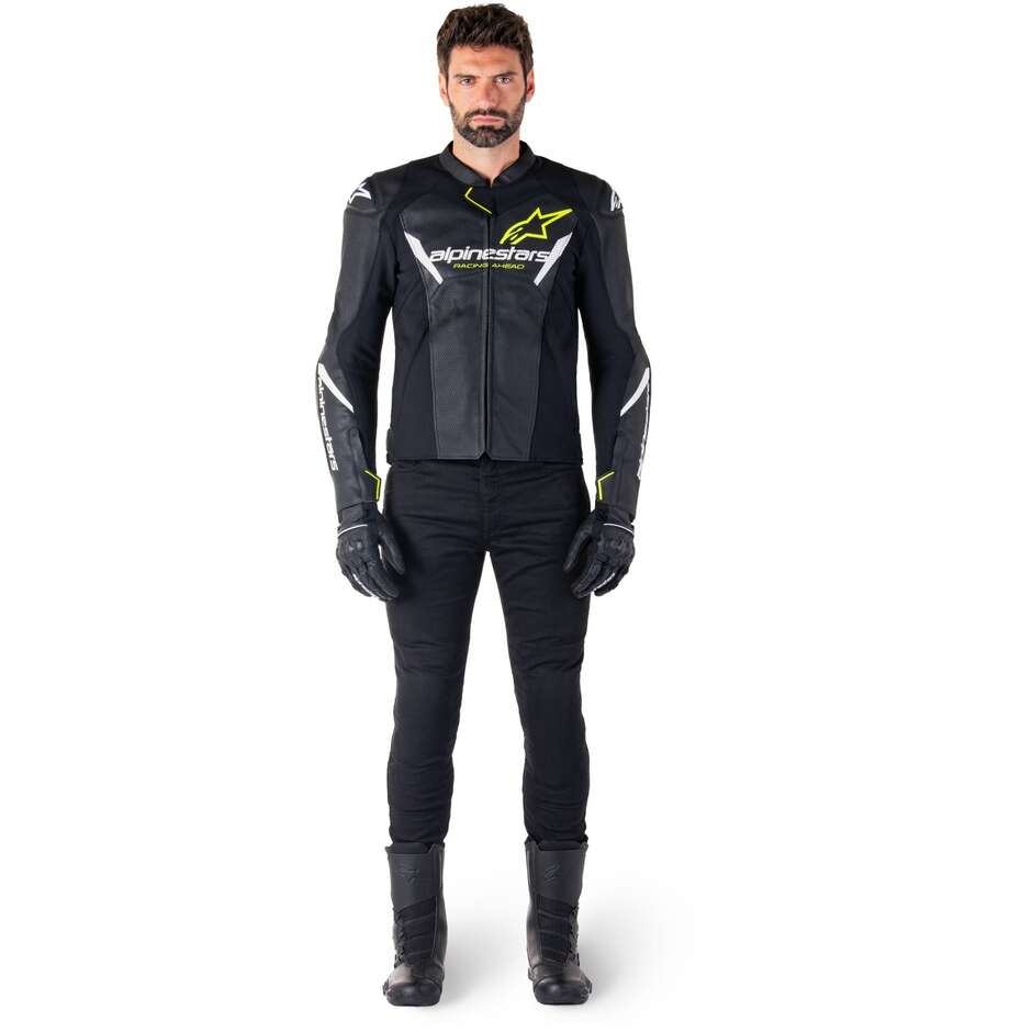 Giubbotto Moto Pelle Alpinestars FASTER V3 AIRFLOW Nero Bianco Giallo Fluo