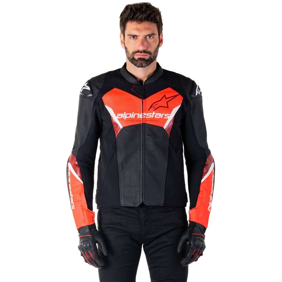 Giubbotto Moto Pelle Alpinestars FASTER V3 AIRFLOW Nero Rosso Fluo