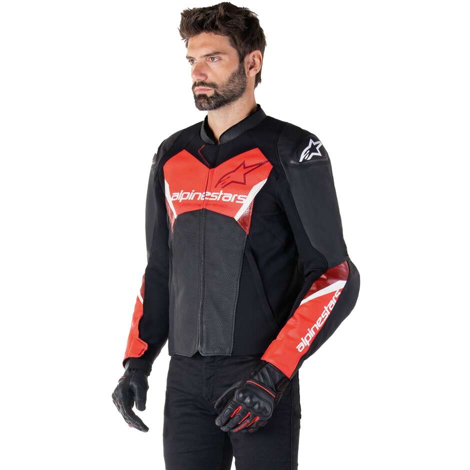 Giubbotto Moto Pelle Alpinestars FASTER V3 AIRFLOW Nero Rosso Fluo