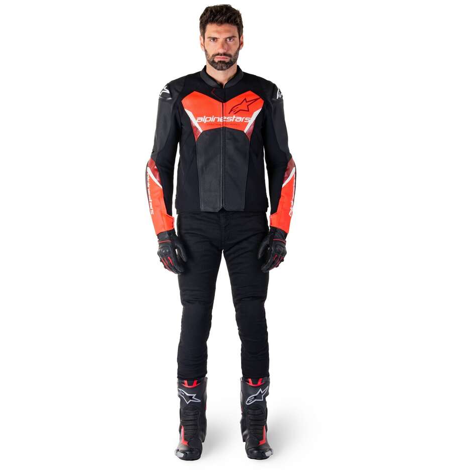 Giubbotto Moto Pelle Alpinestars FASTER V3 AIRFLOW Nero Rosso Fluo