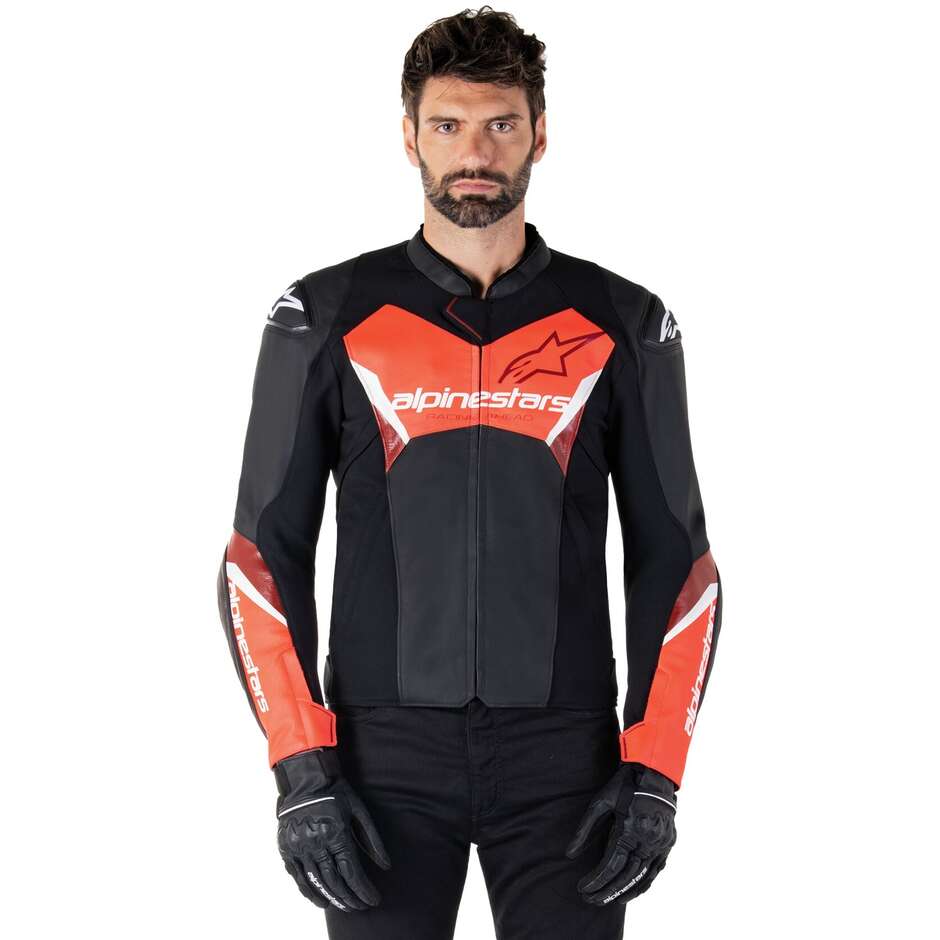 Giubbotto Moto Pelle Alpinestars FASTER V3 Nero Rosso Fluo