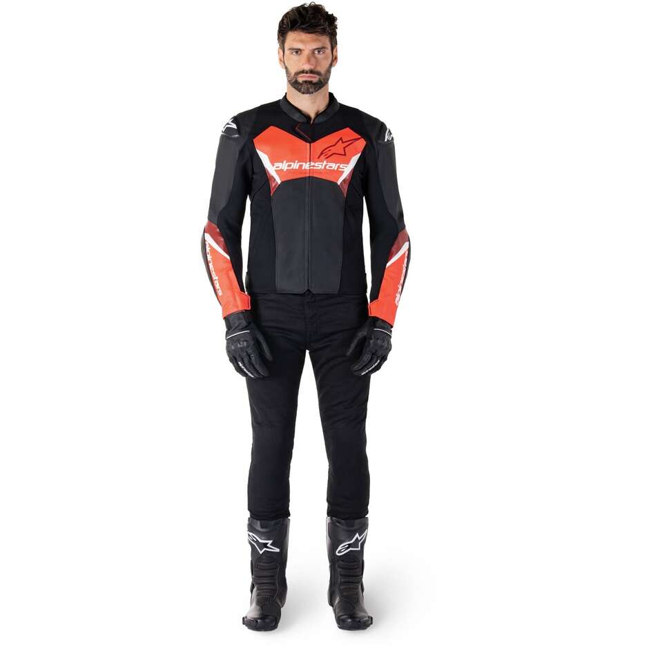 Giubbotto Moto Pelle Alpinestars FASTER V3 Nero Rosso Fluo