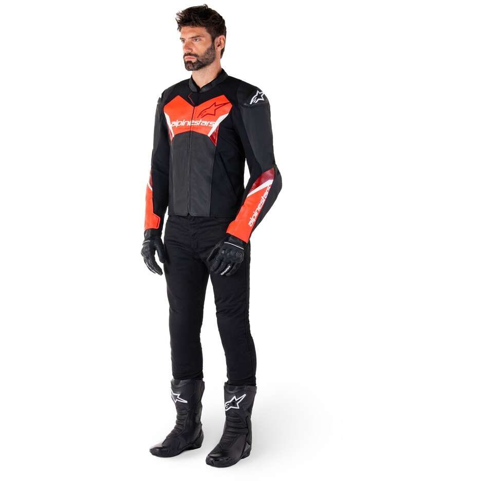 Giubbotto Moto Pelle Alpinestars FASTER V3 Nero Rosso Fluo