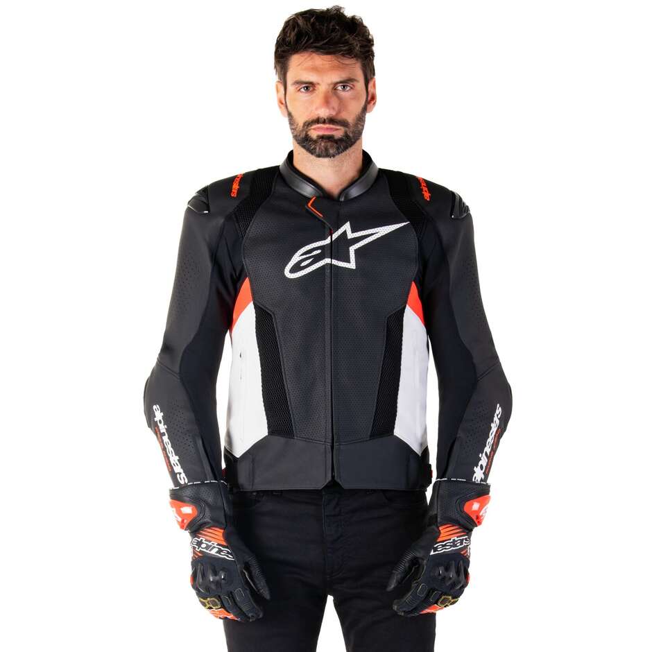 Giubbotto Moto Pelle Alpinestars MISSILE V3 AIRFLOW Nero Bianco Rosso Fluo