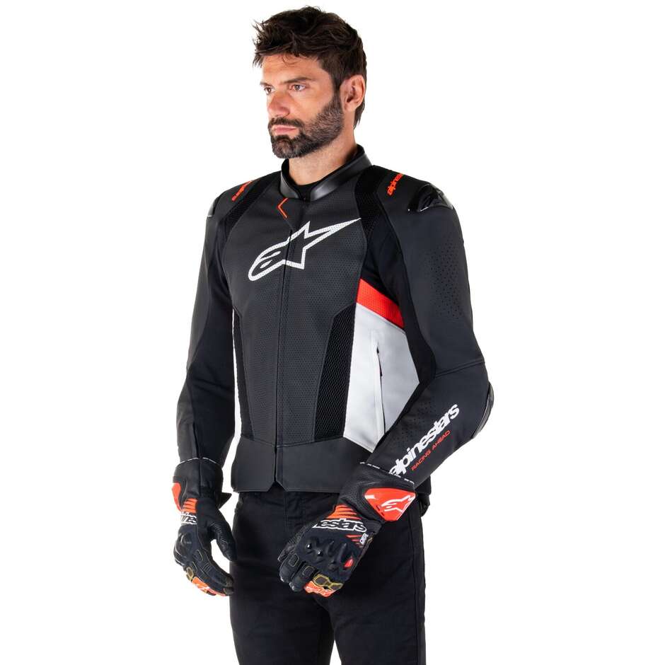 Giubbotto Moto Pelle Alpinestars MISSILE V3 AIRFLOW Nero Bianco Rosso Fluo