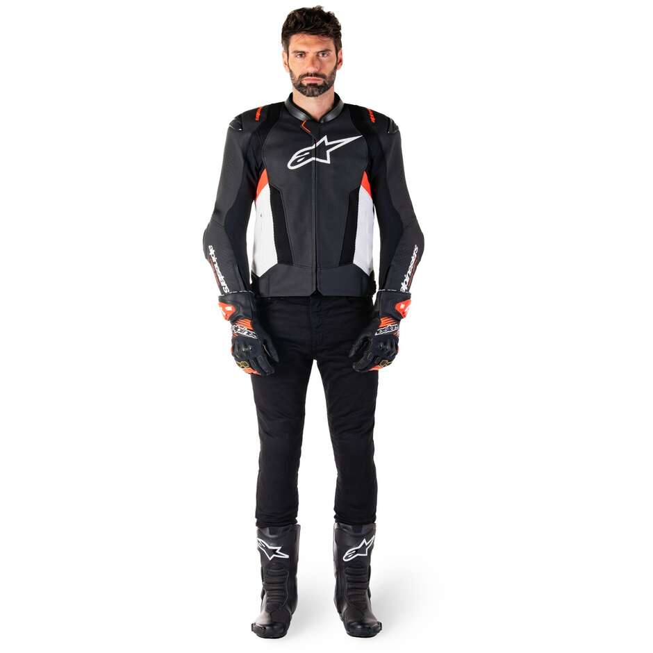 Giubbotto Moto Pelle Alpinestars MISSILE V3 AIRFLOW Nero Bianco Rosso Fluo