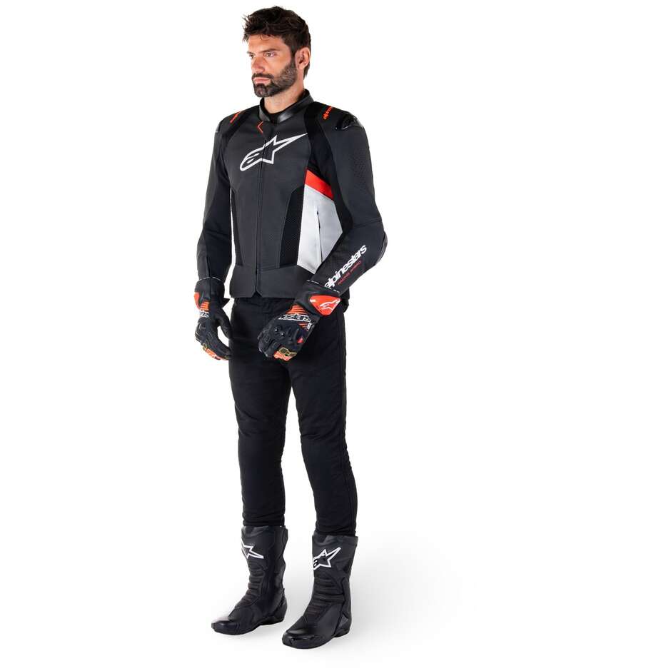 Giubbotto Moto Pelle Alpinestars MISSILE V3 AIRFLOW Nero Bianco Rosso Fluo