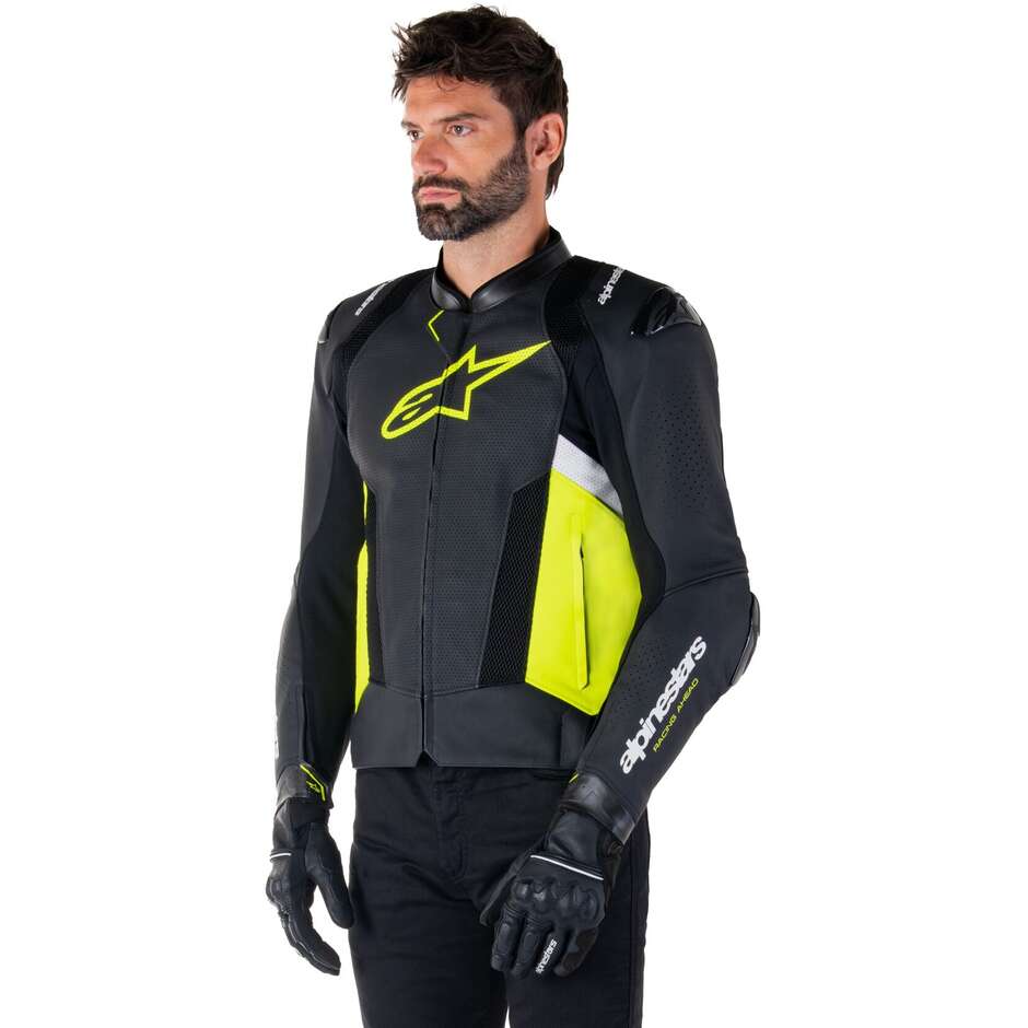 Giubbotto Moto Pelle Alpinestars MISSILE V3 AIRFLOW Nero Giallo Fluo Bianco