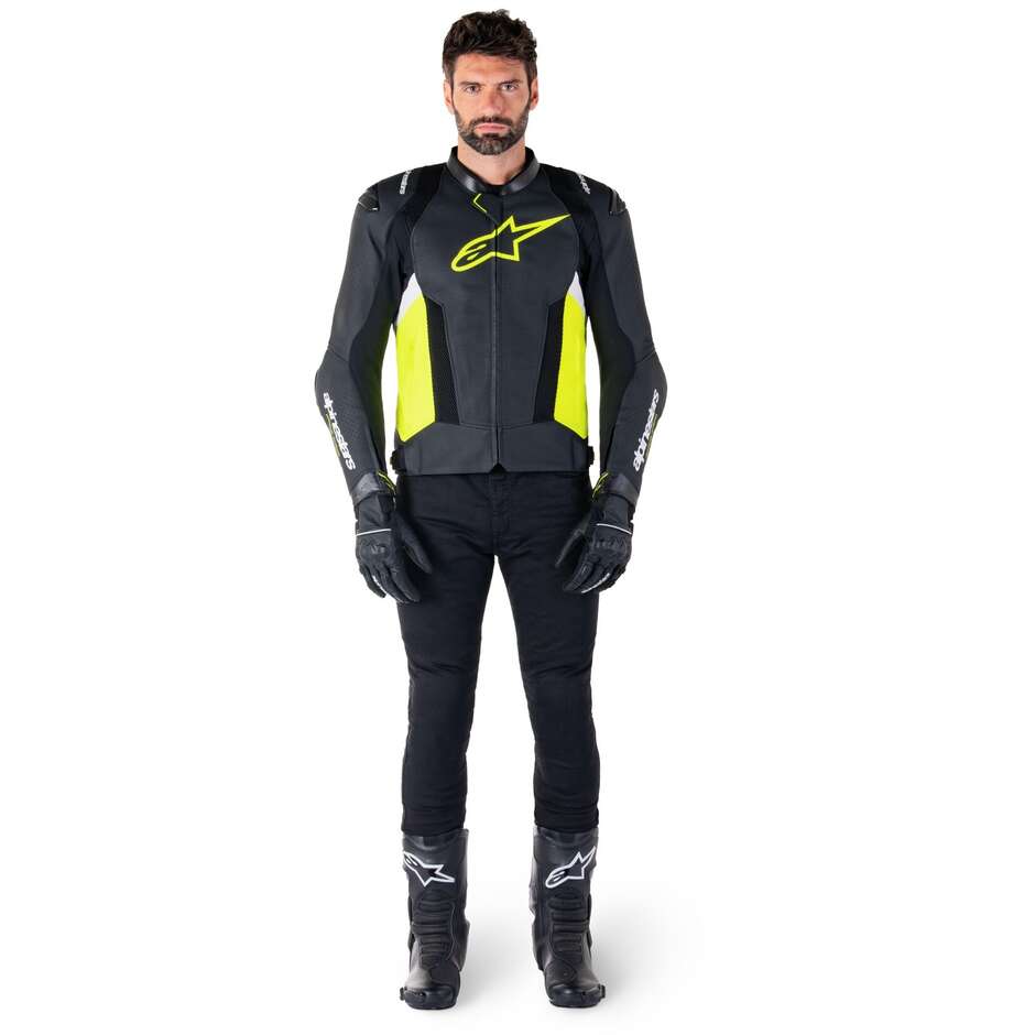 Giubbotto Moto Pelle Alpinestars MISSILE V3 AIRFLOW Nero Giallo Fluo Bianco