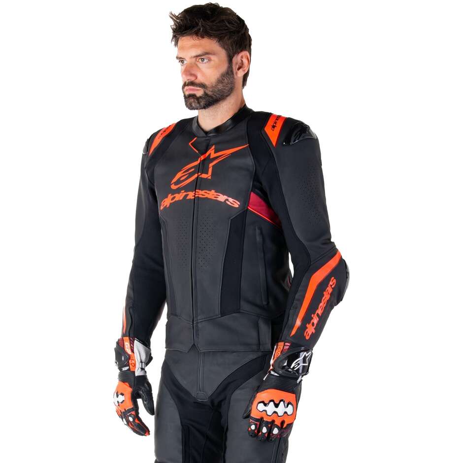 Giubbotto Moto Pelle Alpinestars MISSILE V3 IGNITION Nero Rosso Fluo Scuro Rosso