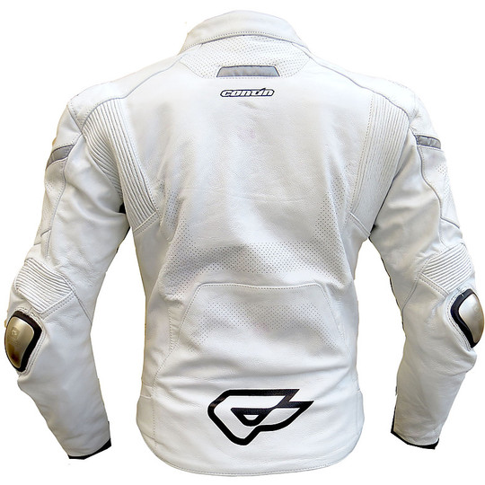  Giubbotto Moto Tecnico Racing In Pelle Titanio Su spalle e Gomiti Impermeabile Bianco