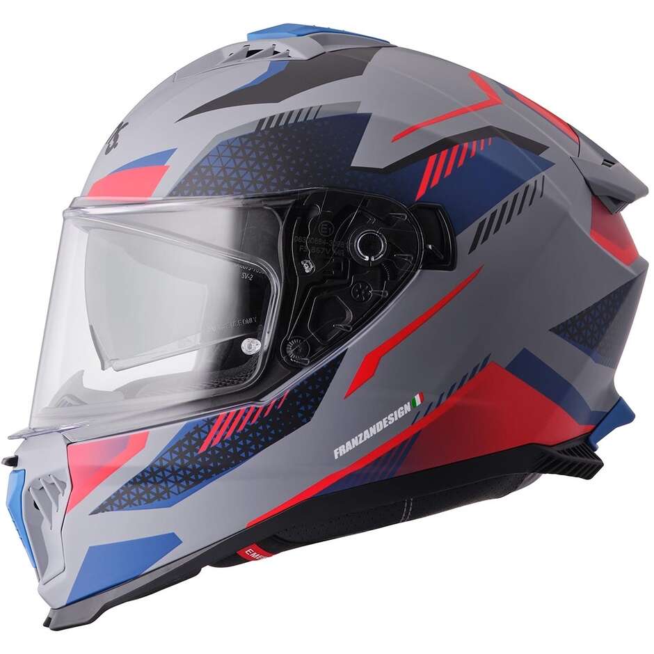 GMS Gelero Full Face Motorcycle Helmet, Matt Grey, Blue, Red