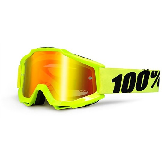 Goggles Moto Cross Enduro 100% ACCURI Fluo Yellow Mirror Lens Red More Transparent Lens