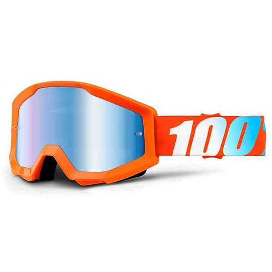 Goggles Moto Cross Enduro 100% Strata Orange Lens Mirror Blue