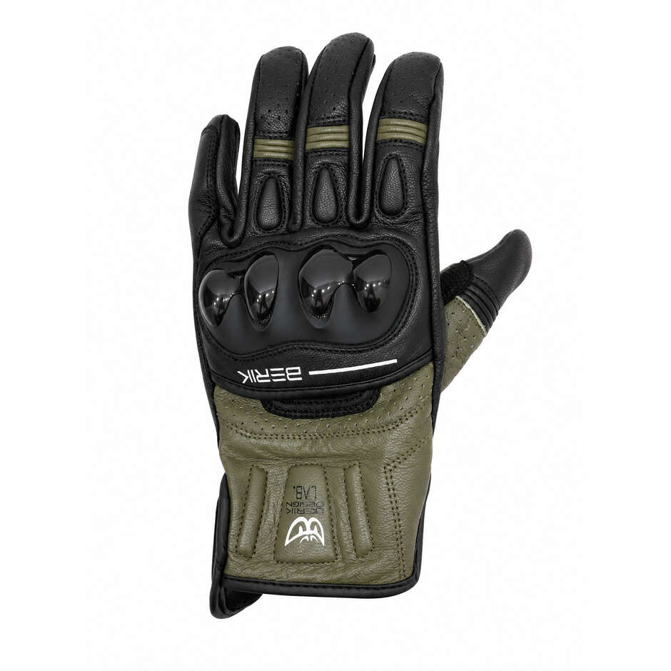 Guanti Moto In Pelle Berik 2.0 185305 New TX-2 Nero Verde Miltare