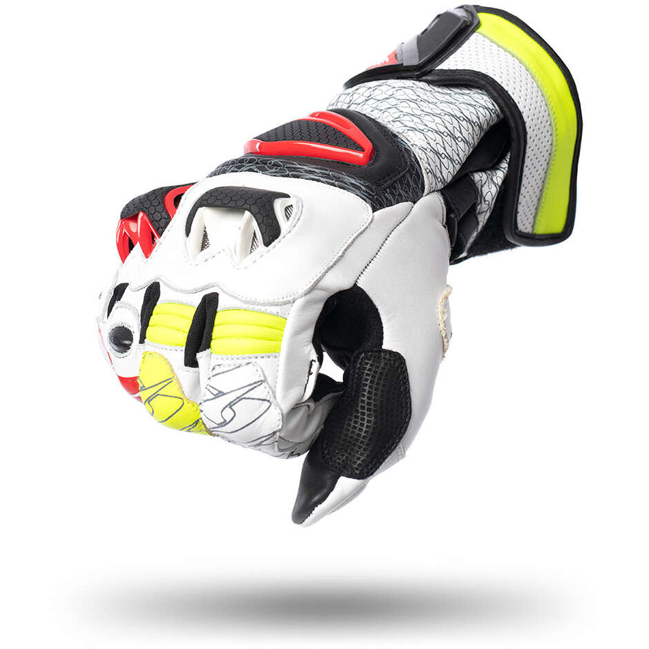 Guanti Moto In Pelle Racing Spyke TECH PRO Nero Bianco Giallo