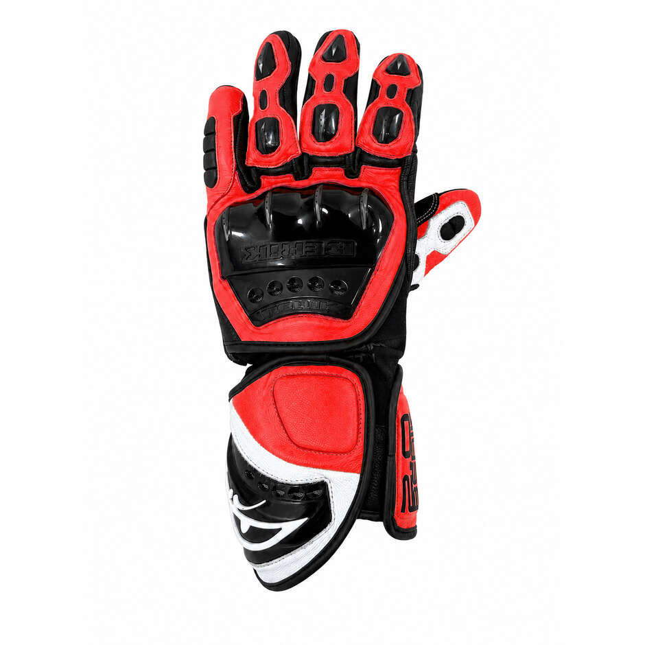 Guanti Moto Racing Berik 2.0 In Pelle G-10397 Misano Nero Bianco Rosso Fluo
