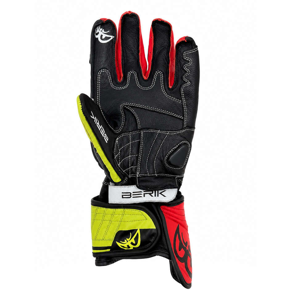 Guanti Moto Racing Berik 2.0 In Pelle G-205321 Track Pro Nero Bianco Rosso Giallo