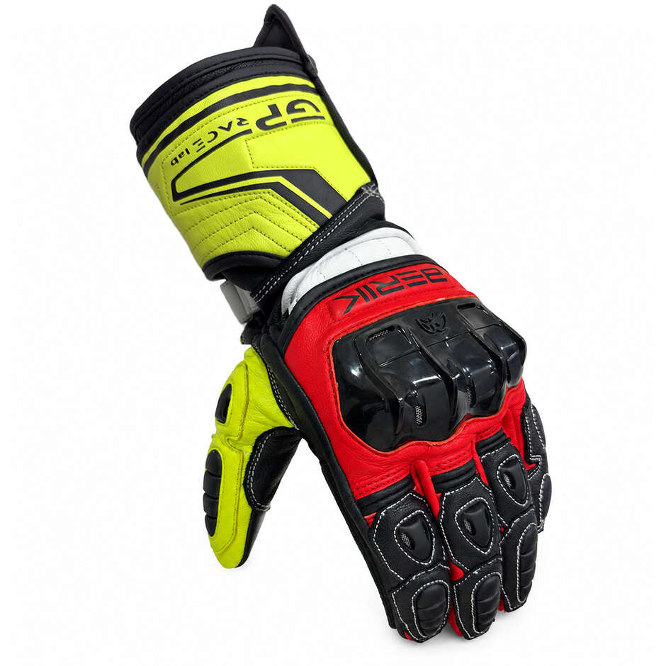 Guanti Moto Racing Berik 2.0 In Pelle G-205321 Track Pro Nero Bianco Rosso Giallo
