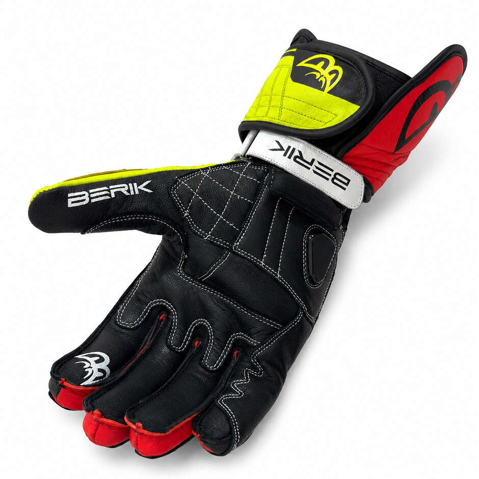 Guanti Moto Racing Berik 2.0 In Pelle G-205321 Track Pro Nero Bianco Rosso Giallo
