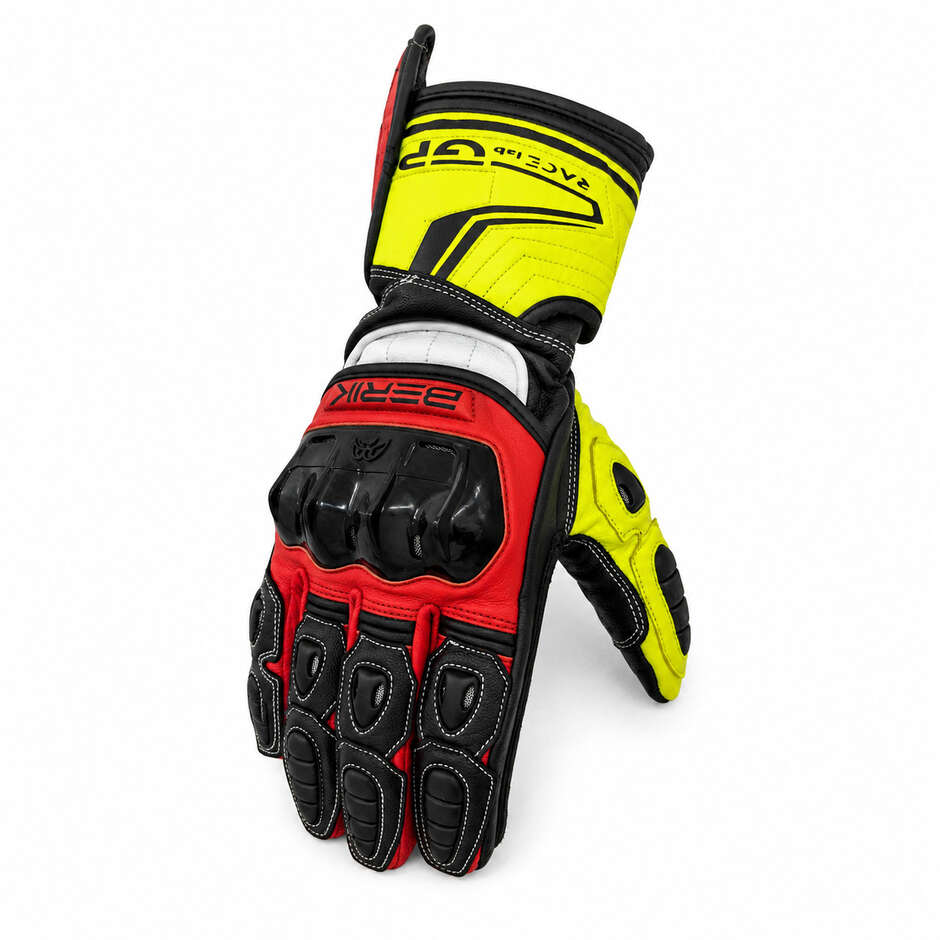 Guanti Moto Racing Berik 2.0 In Pelle G-205321 Track Pro Nero Bianco Rosso Giallo
