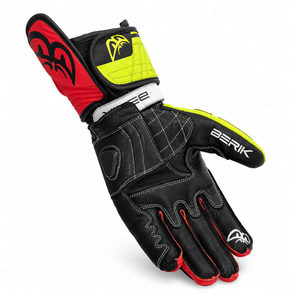 Guanti Moto Racing Berik 2.0 In Pelle G-205321 Track Pro Nero Bianco Rosso Giallo