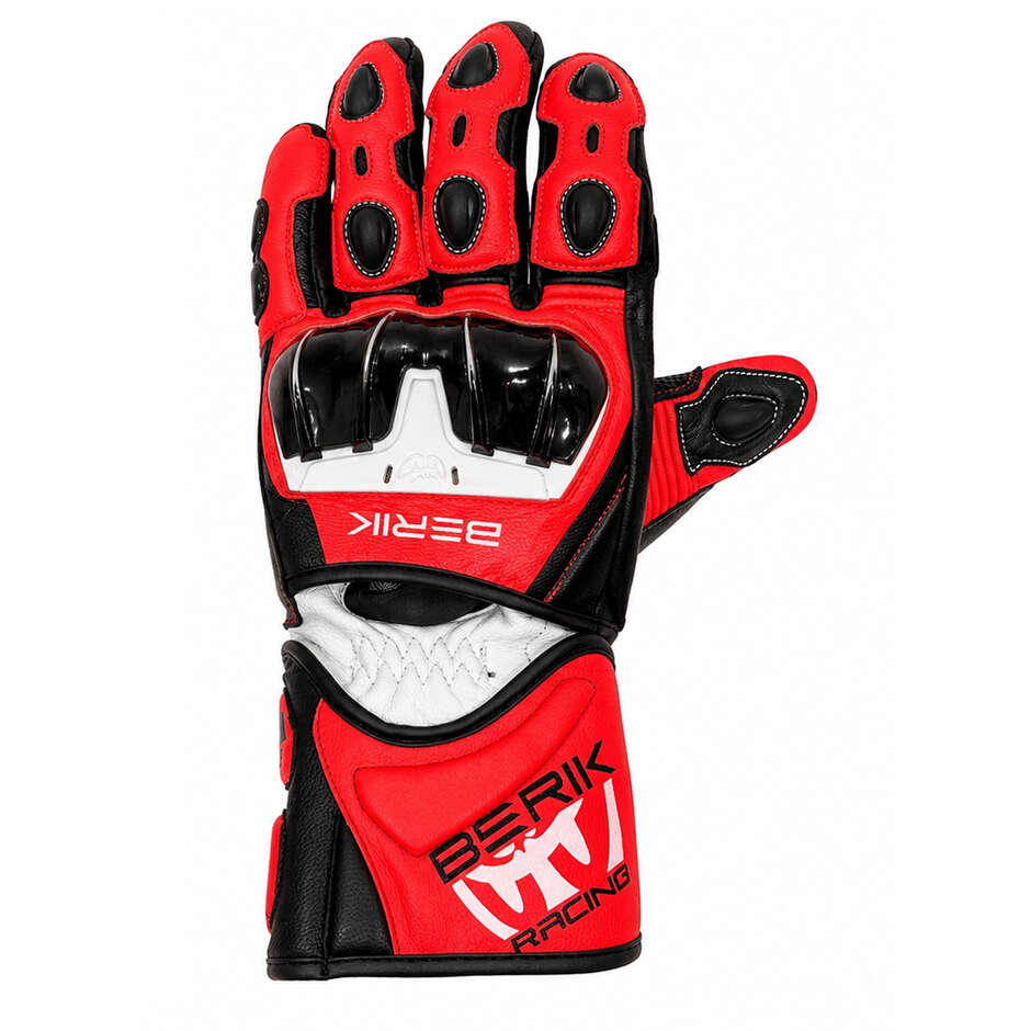 Guanti Moto Racing Berik 2.0 In Pelle G-235107 Nero Rosso Fluo Bianco