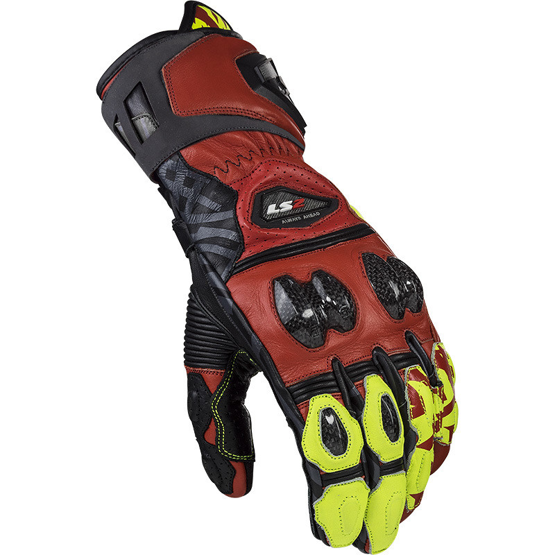 Guanti Moto Racing Ls2 Feng CE Nero Rosso Giallo Fluo