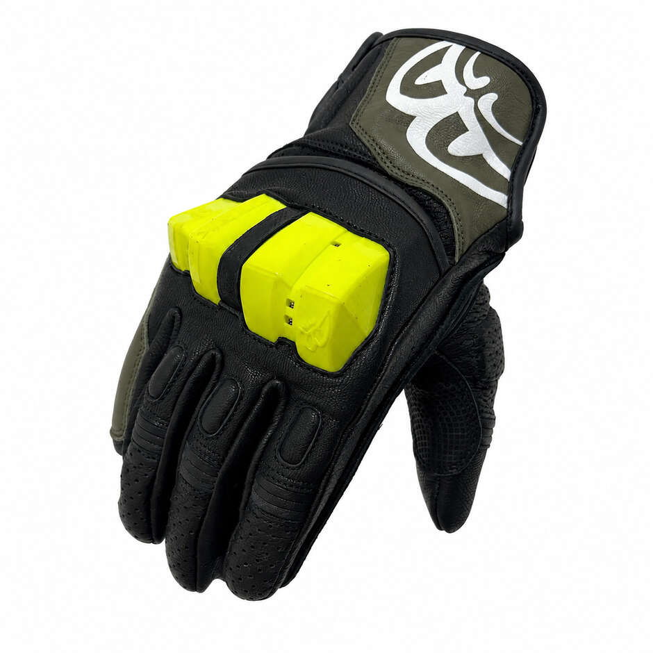Guanti Moto Sportivi Berik 2.0 In Pelle G-255101 Nero Bianco Giallo Fluo