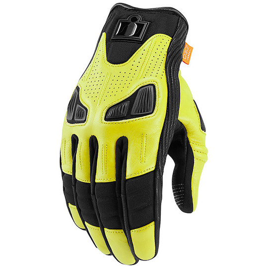 Half Season Leather Motorcycle Gloves Icon AUTOMAG Yellow Fluo