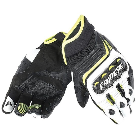 Handschuhe technische Dainese Leder Carbon-D1 Kurz Schwarz, Weiß, Gelb Fluo