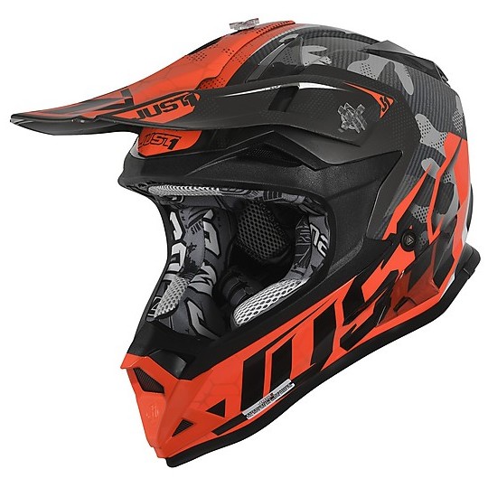 Helm Kreuz Motorrad Enduro Just1 J32 Pro SWAT Camo Orange Fluo Poliert